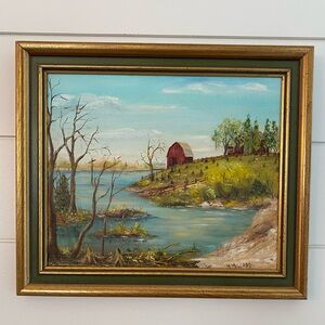 Vintage Original Oil Painting Fall Spring Farm Barn Landscape Signed M Millard